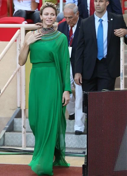 Princess Charlene wore Roland Mouret Henleigh one-shoulder crepe-jersey gown at Louis II Stadium, Dior earrings