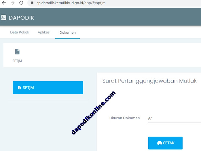 Tampilan menu cetak SPTJM Dapodik