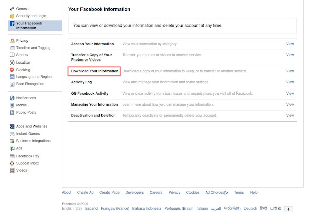 selecciona download your information para bajar los datos de tu cuenta de facebook