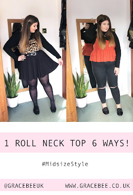Two of the previous style images repeated. Below them text reads "1 roll neck top 6 ways'