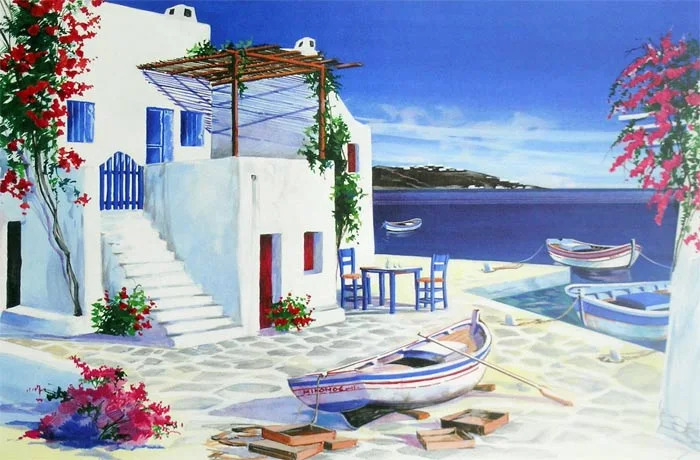 André Savy | French Landscape painter | Santorini Walkway - Greek islands 