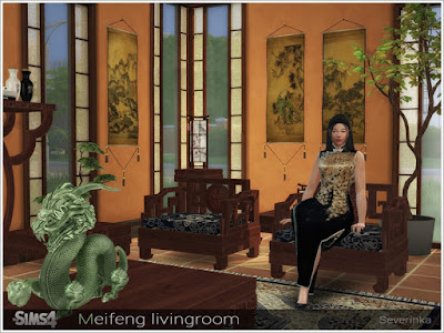 Meifeng гостиная для The Sims 4 Набор мебели и декора для украшения гостиной в азиатском стиле. В набор входят 9 предметов: - гостиный стул - диван 2-местный - диван 3-местный - пуф - резная полка - высокий стол - журнальный столик - большой журнальный столик - настенное панно Автор: Severinka_