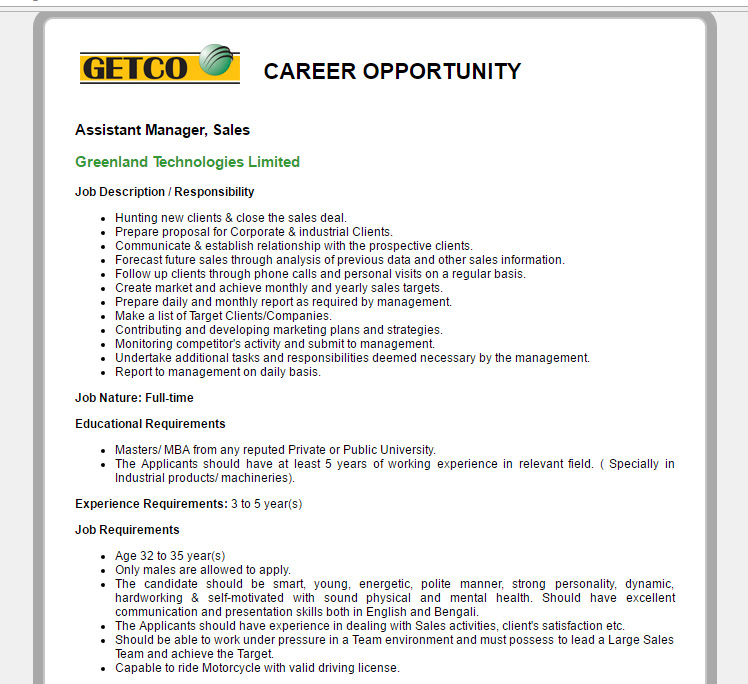 VACANCY Greenland Technologies Limited Position Assistant Manager