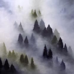 fog mountain painting oil 30x30 waters baker dawn