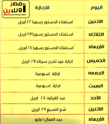 تقرير بالاجازات الرسمية فى شهر ابريل ٢٠١٩ للمدارس والجامعات والمصالح الحكومية