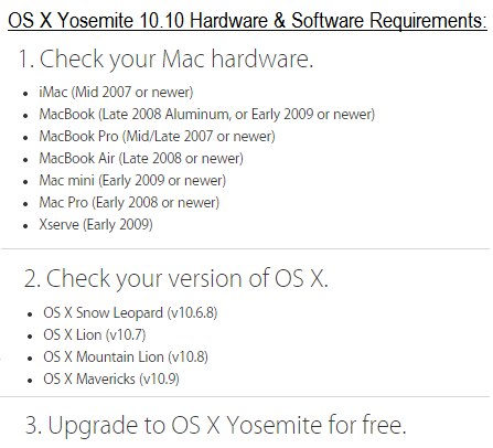Mac OS X Yosemite 10.10 Hardware and Software Requirements