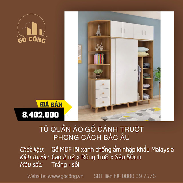 Tủ Quần Áo Gỗ Cánh Trượt phong cách Bắc Âu TA221 - C2m2 x R1m8