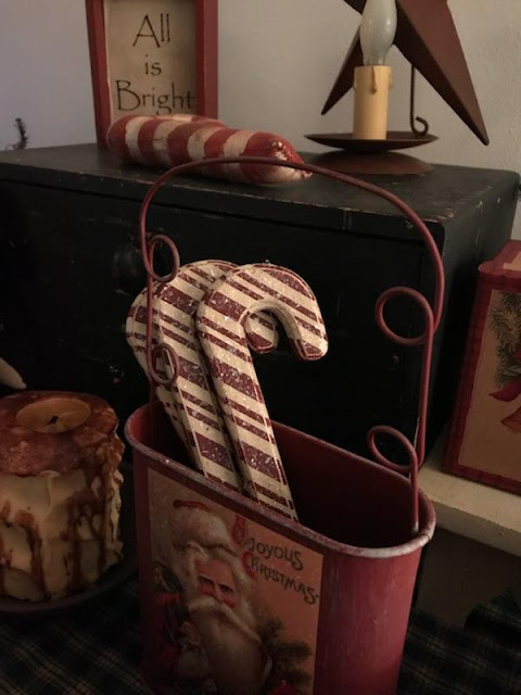 My Prim Christmas Decor - Dry Sink Vignette prim candy canes, wood candy canes
