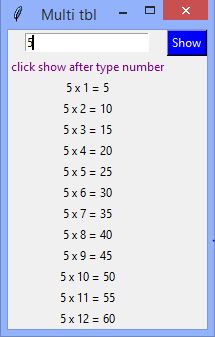 Python GUI Programming Codes 😎: Multiplication table