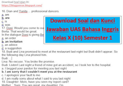 Download Soal dan Kunci Jawaban UAS Bahasa Inggris Kelas X (10) Semester 1 SMA/SMK, https://bloggoeroe.blogspot.com/