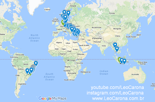 Leo Carona's hitchhiking map from December 2015 to July 2017, routes in South America, Europe and Southeast Asia