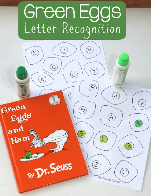 Kids practice letter naming recognition with this Green Eggs and Ham printable! Celebrate Dr. Seuss during Read Across America Day!