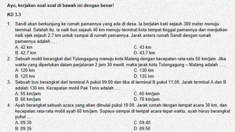 Soal Ulangan Matematika K13 Kelas 5 KD 3.3 Kecepatan dan