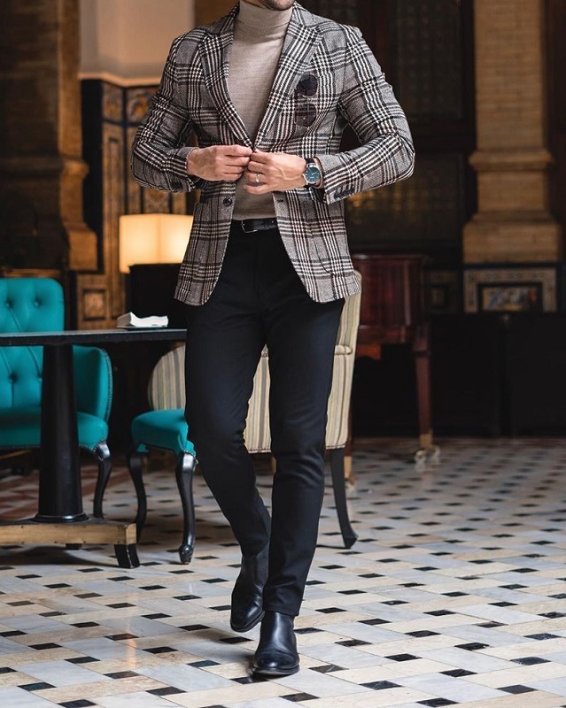 Men's Fashion Style Outfits Ideas High neck paired with jacket and trousers.