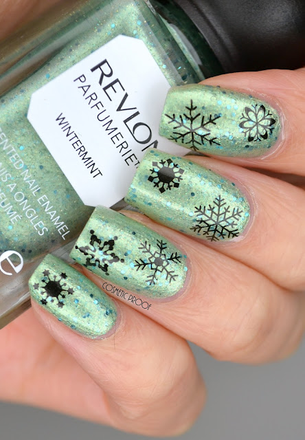 Revlon Parfumerie Wintermint Swatch with Snowflake Nail Art 