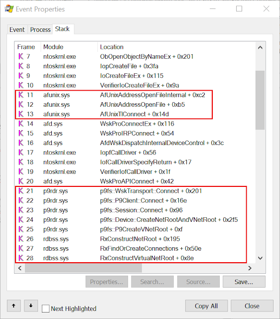 PROCMON call stack opening fsserver showing AFUNIX driver and P9RDR.