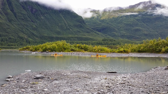 kayakers on Valdez Glacier water