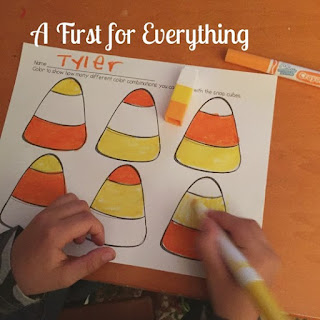 Great for math centers, Halloween, early finishers and more, this patterning activity has students using orange, yellow, and white snap cubes (the colors of candy corn) to show various patterns (color combinations). How many ways can you use the 3 colors to show various combinations? (K, 1st, Halloween)