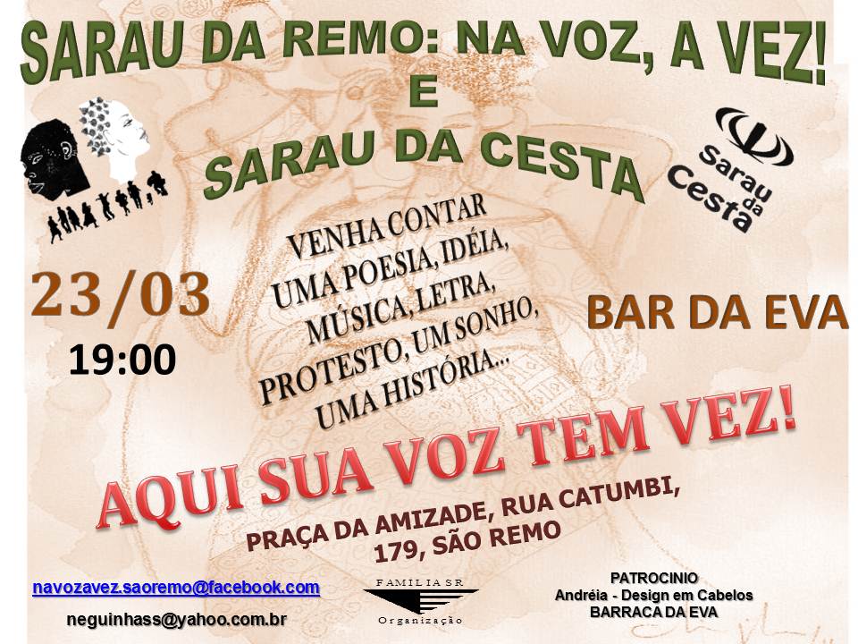 Sarau da Remo dia 23 (sábado) às 19h no bar da Eva = Portão USP/ São Remo