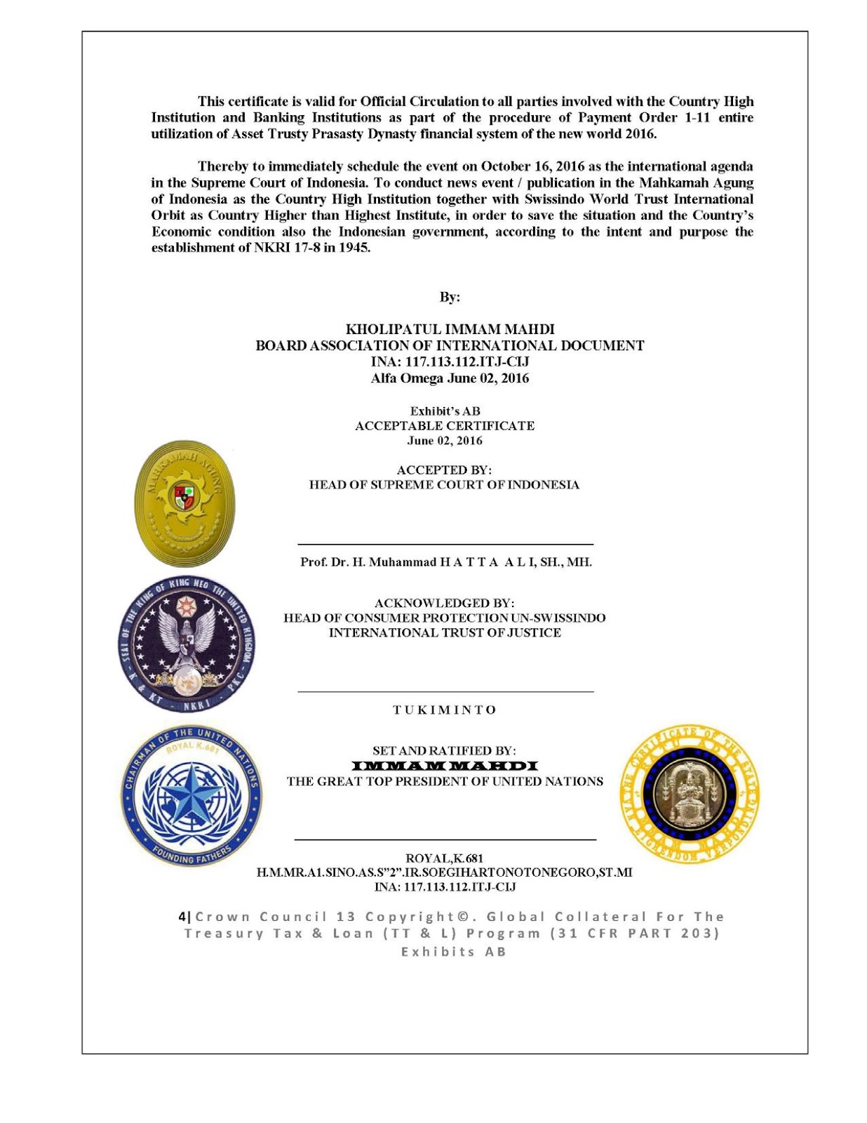 SWISSINDO REPLY ME FROM M1, MR.A1.Sino.AS.S“2” .IR.Soegihartonotonegoro,ST   (my Letter in indonesia to M1 SINO to thank him for the PROSPERITY FUNDS) MA-M1%2BCERTIFICATION%2BOF%2BPUBLICATION-page-005