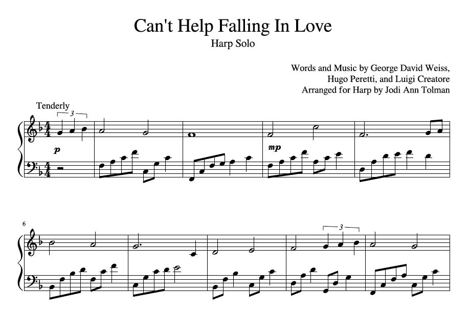 Can't Help Falling in Love, Harp Solo Music by Jodi Ann
