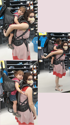Tre immagini di una donna che porta una bambina in uno zaino da montagna porta bimbi