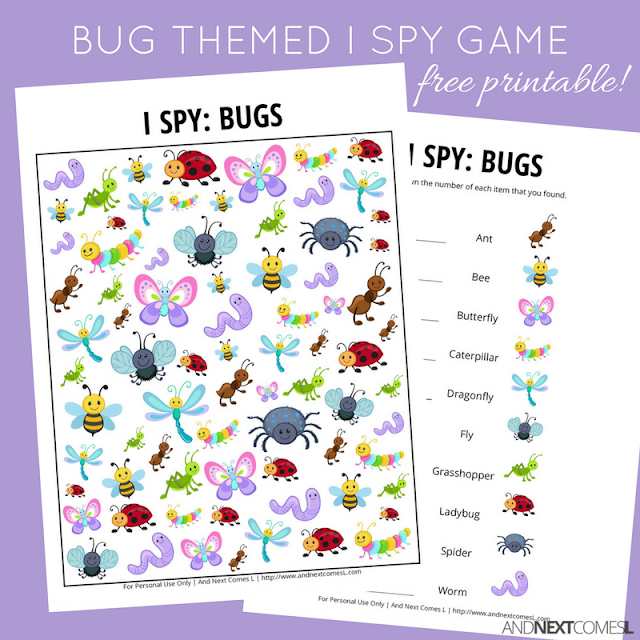 Free bug themed I Spy game for kids from And Next Comes L