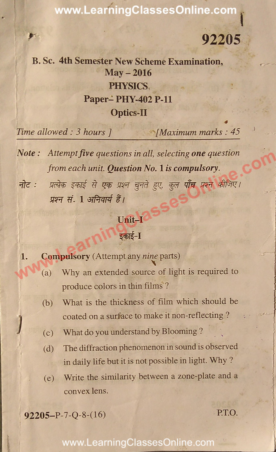 B.SC 4th Sem Physics Optics Question Paper 2016