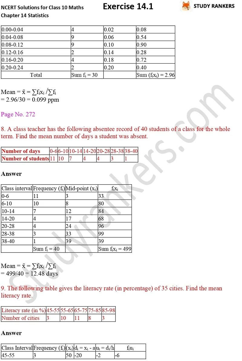 NCERT Solutions for Class 10 Maths Chapter 14 Statistics Exercise 14.1 Part 5
