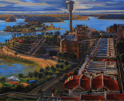 Plein air oil painting of the construction of Barangaroo Headland Park from the Stamford on Kent painted by Jane Bennett