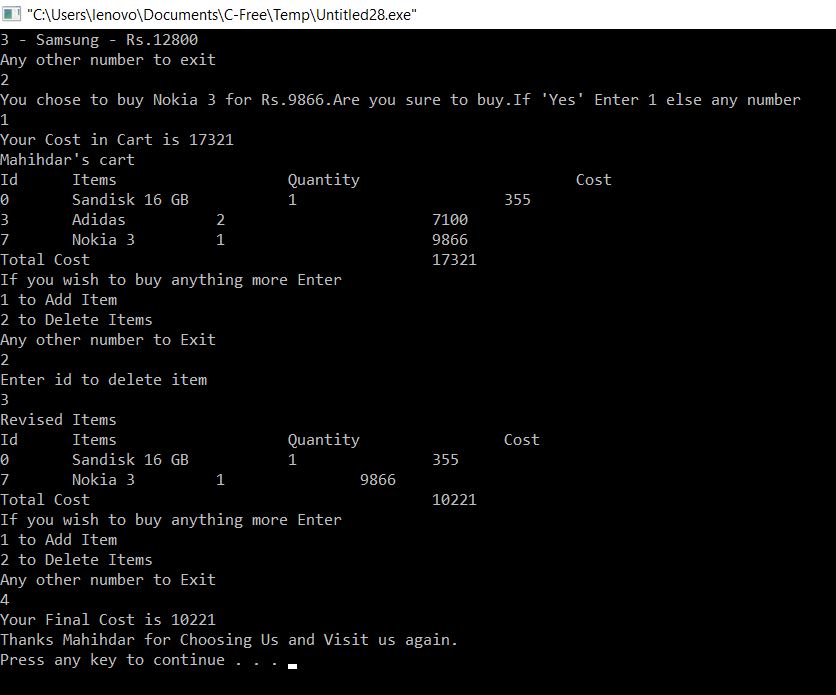 All C Programs Learn Online Shopping Program Using C