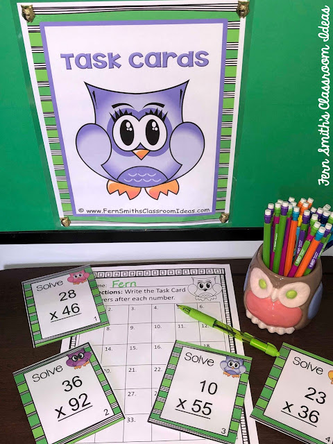 Double Digit Multiplication Task Cards, Answer Key and Recording Sheet with an Adorable Owl Theme at Fern Smith's Classroom Ideas TeacherspayTeachers store, perfect for your spring testing review.
