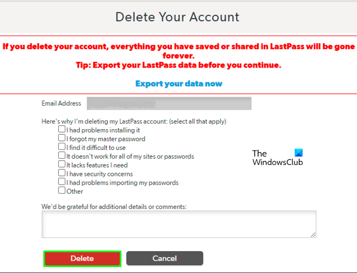 Как удалить учетную запись LastPass без окончательных данных пароля