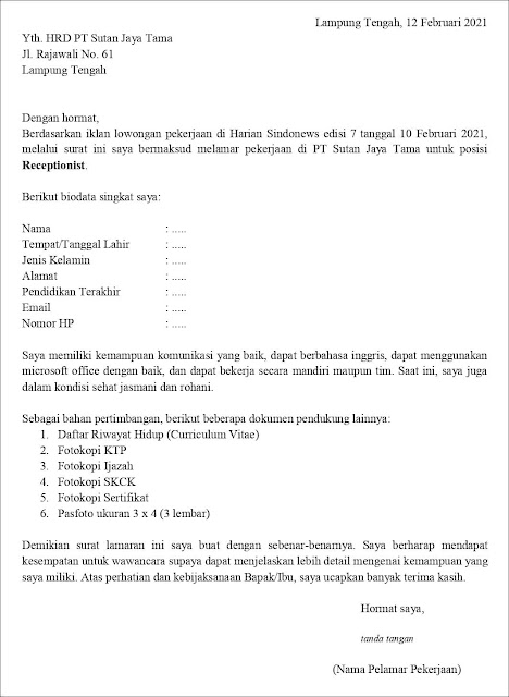 Contoh Surat Lamaran Kerja Receptionist Untuk Fresh Graduate Berdasarkan Berdasarkan Iklan Di Surat Kabar (Media Cetak) Contoh Surat Lamaran Kerja Untuk Receptionist (Fresh Graduate)