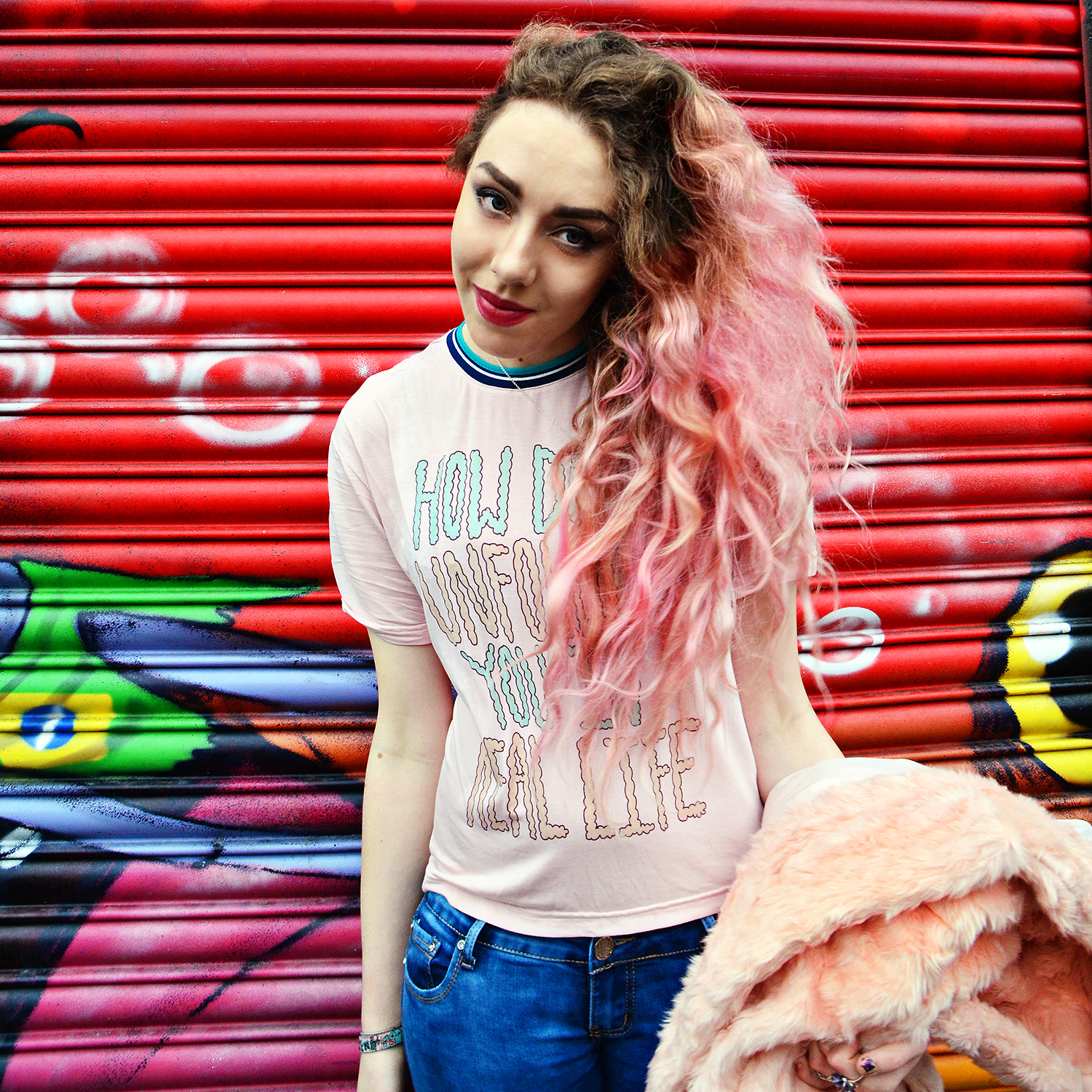 Pink Fur Coat*// Stylemoi T-shirt*// Drop Dead Clothing Acid Jeans*// Dresskode Brogue Creepers*// Spylovebuy Blue Backpack*// Nica Handbags Lilac Watch// Olivia Burton Rings//Euphoria Creations*, Pretty Attitude*, Lyla Loves* Sunglasses*// Polette