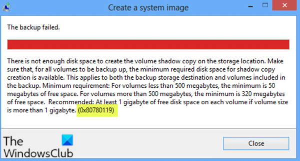 Error de espacio en disco 0x80780119 al crear la imagen del sistema