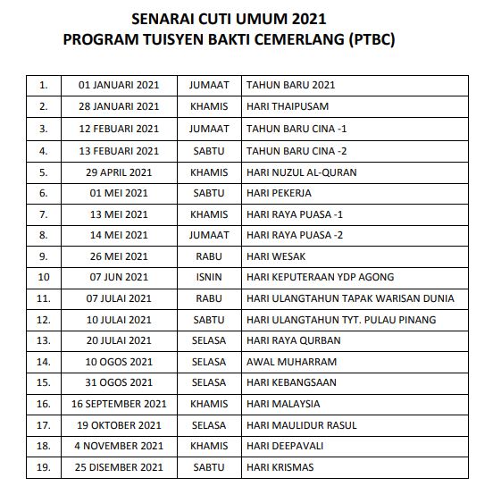 Umum ogos 2021 cuti Kalendar Cuti