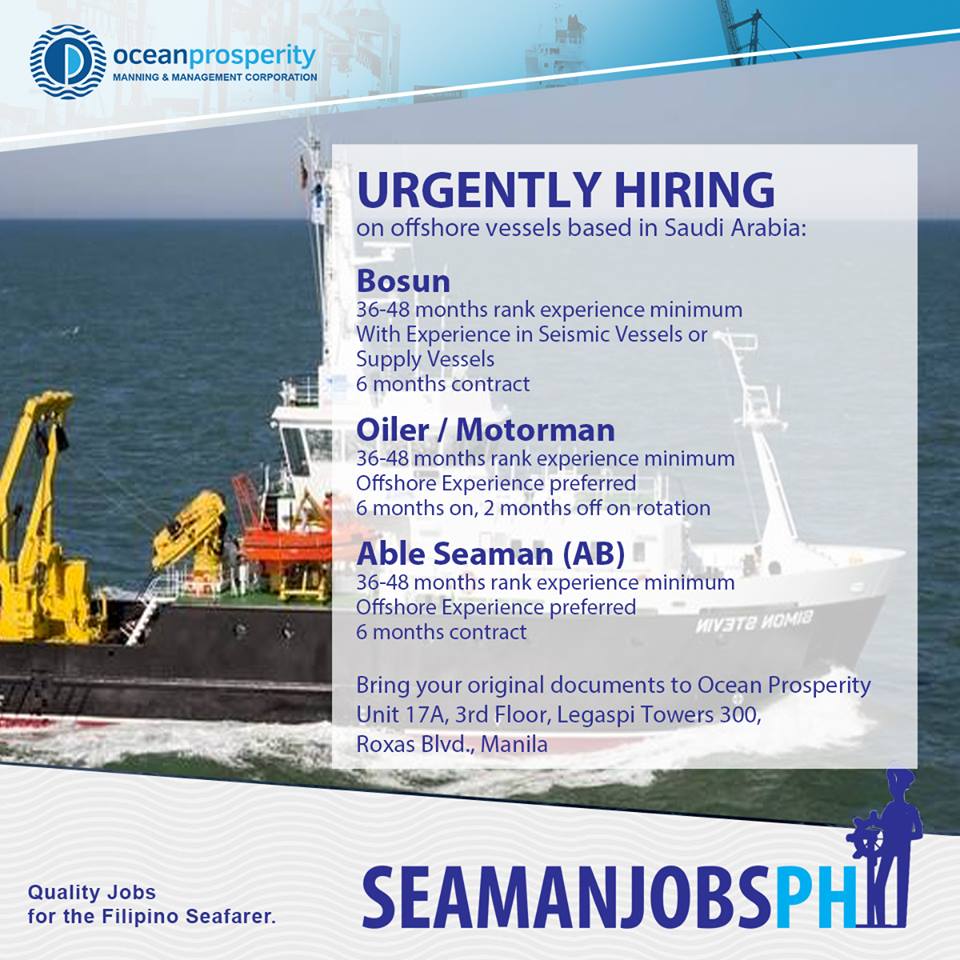 Urgently Able seaman, Oiler, Bosun Offshore Supply Vessel OfficiaI