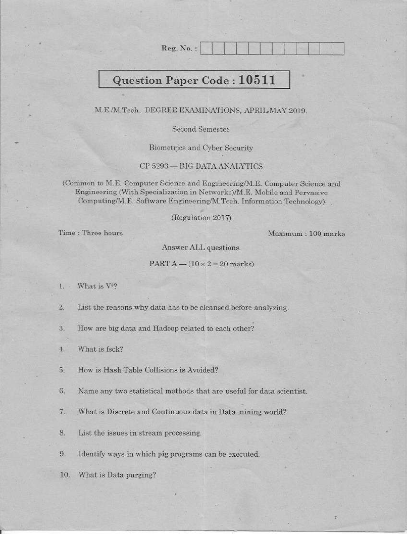 Anna University CP 5293BIG DATA ANALYTICS APRIL MAY 2019 Question