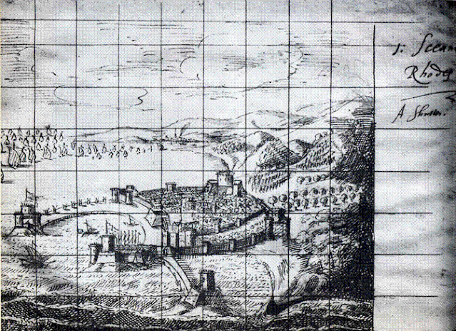 A view of Rhodes, designed by Inigo Jones' pupil John Webb, to be painted on a backshutter for the first performance of Davenant's opera The Siege of Rhodes "in recitative music" in May 1656, at Rutland House