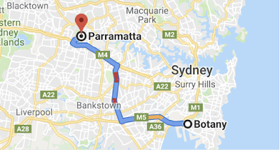 An image of Google Maps showing a journey from Botany to Parramatta