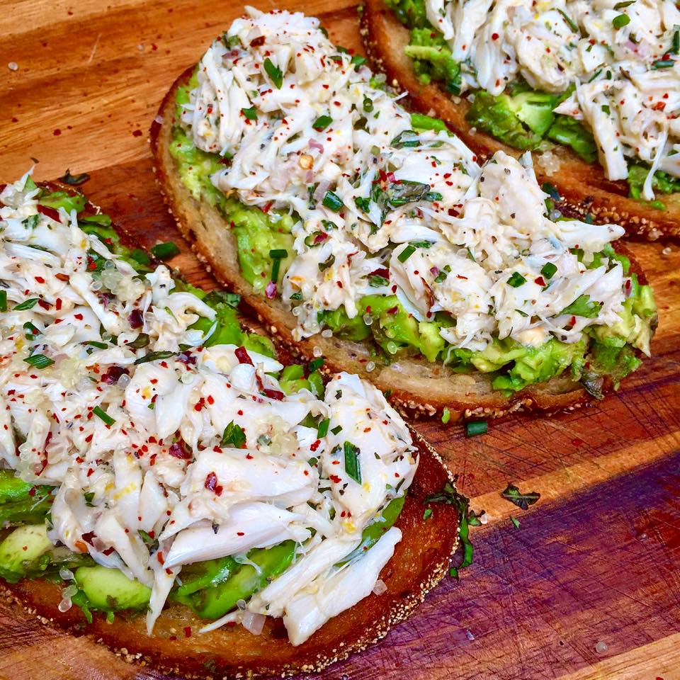 Haute + Heirloom Smoked Avocado Toast with Herbed Crab Salad, Bacon