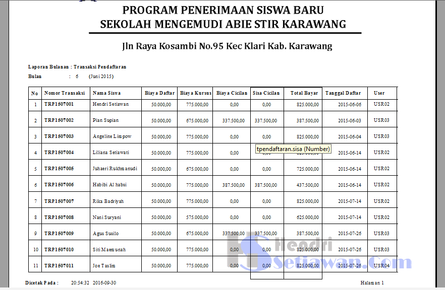 √ Pola Bentuk Laporan Transaksi Registrasi Kegiatan