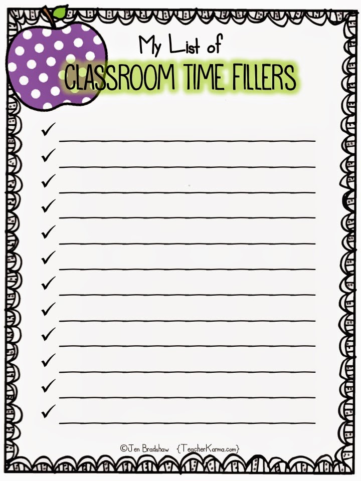 List of time filler activities for the classroom.  TeacherKarma.com