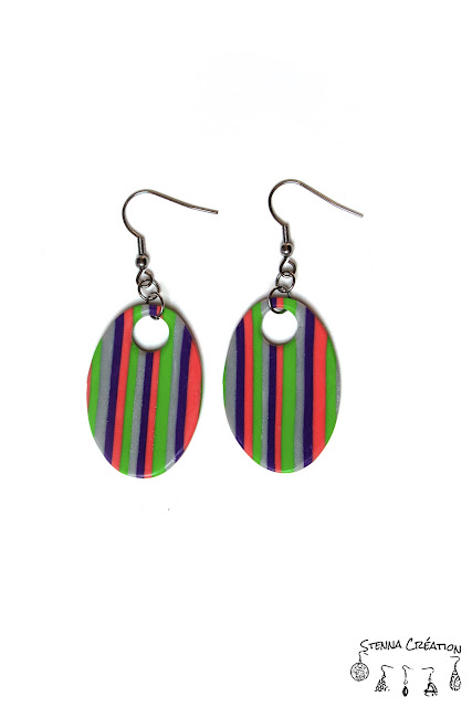 Boucles d'oreilles pâte polymère rayures violet vert corail argent Cernit Fimo Stenna Création