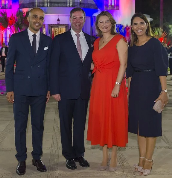 Prince Guillaume at Villa des Arts. Princess Stephanie wore Paule Ka Coral bow embellished midi dress