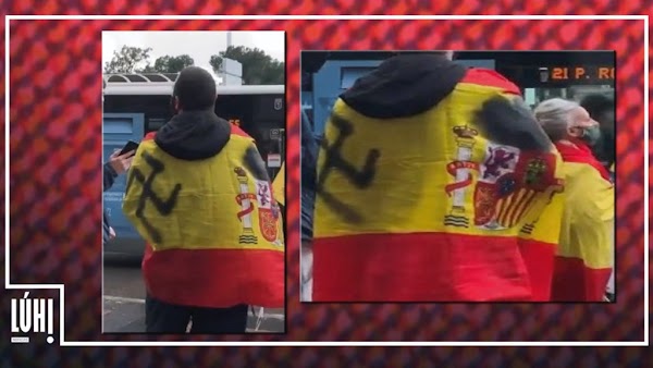 Banderas franquistas y esvásticas en la concentración negacionista de Madrid Banderas franquistas y esvásticas en la concentración negacionista de Madrid