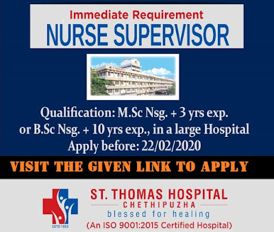 ST. THOMAS HOSPITAL, CHETHIPUZHA, KERALA HIRING NURSING SUPERVISOR 