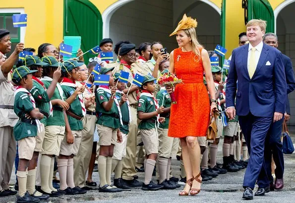 Queen Maxima- wore NATAN Dress. Governor Lucille Andrea George-Wout of Curaçao and Minister Eugene Rhuggenaath. Dia di Bandera