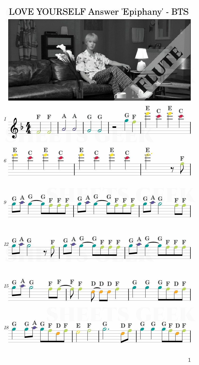 LOVE YOURSELF Answer 'Epiphany' - BTS Flute Easy Sheets Music with Letter Notes Page 1